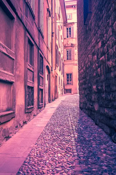 Stock image Street of the old town of Bergamo during sunset. Vertical banner. Burgundy tinting