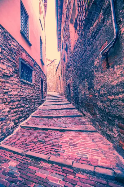 stock image Street of the old town of Bergamo during sunset. Vertical banner. Burgundy tinting