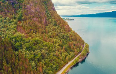 Fjord on a cloudy day. Rocky coast in the evening. Beautiful nature of Norway. Picturesque Scandinavian landscape. Norway, Europe clipart