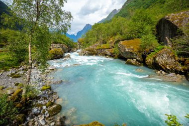 Güzel dağ nehri Dalelva (Stryn). Akıntılı çağlayan dağ deresi. Briksdal Köprüsü 'nden Görünüm