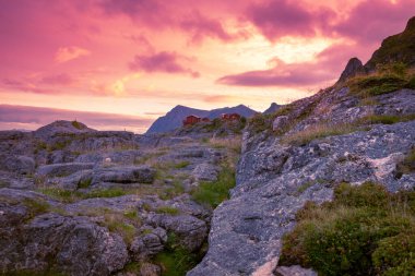 Akşamları çok güzel dağ manzarası. Vahşi doğa Norveç. Lofoten Adaları