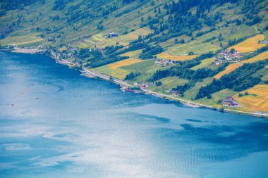 Aerial view from Hoven Mount of Innvikfjorden. Innvikfjorden seashore nature background. Olden, Norway, Europe clipart