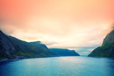 Gün batımında fiyort. Akşamları kayalık deniz kıyısında. Norveç 'in güzel doğası. Resimli İskandinav manzarası. Lofoten Adaları, Norveç, Avrupa