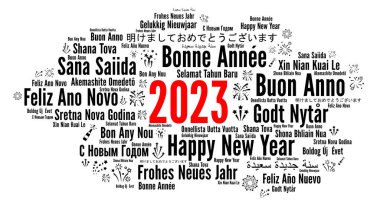 Happy New Year 2023 word cloud in different languages  clipart