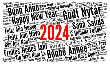 Happy New Year 2024 word cloud in different languages clipart