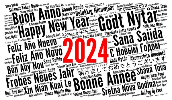 Felice Anno Nuovo 2024 Parola Nube Diverse Lingue Fotografia Stock