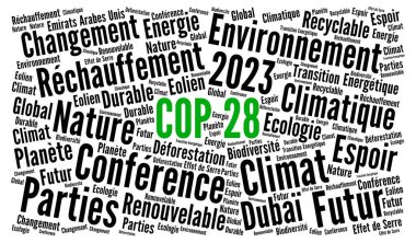 COP 28 in Dubai United Arab Emirates world cloud in French language