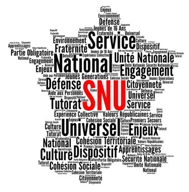 SNU universal national service in France word cloud called service national universel in French language clipart