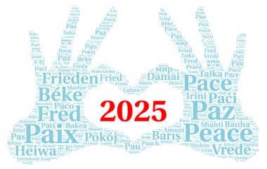 Peace 2025 word cloud in different languages clipart