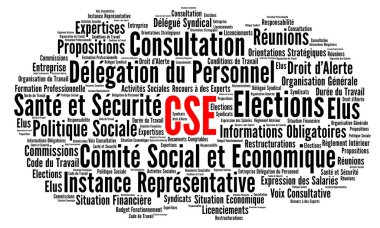 Fransa 'daki sosyal ve ekonomik komitenin kelime bulutu Fransız dilinde CSE komite sosyal et economique olarak adlandırılır