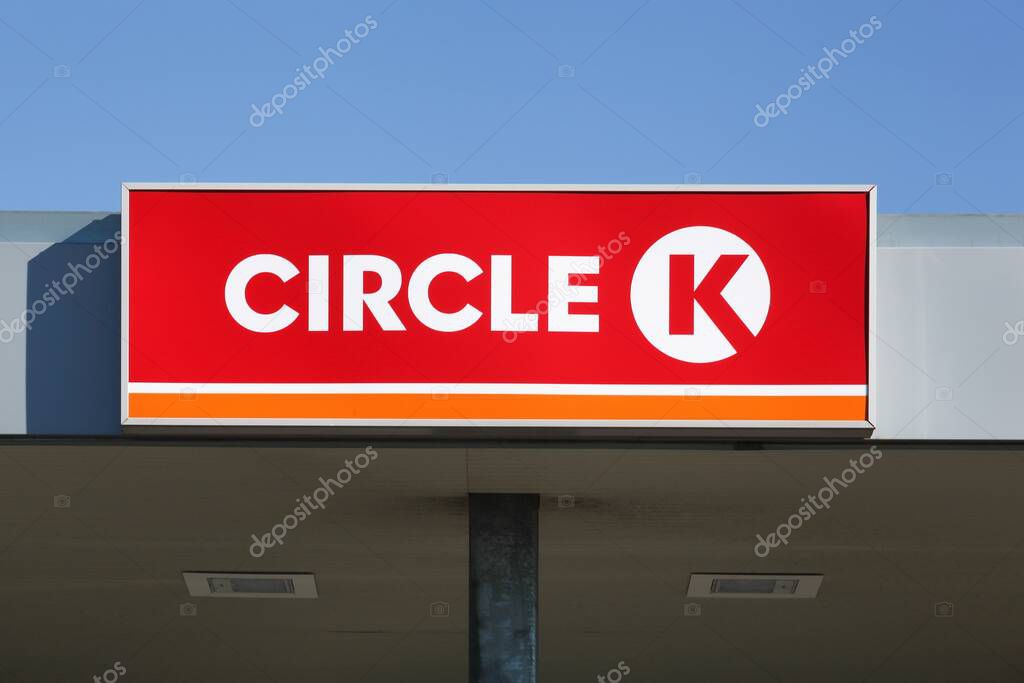 Horsens, Denmark - March 15, 2025: Circle K logo on gas station. Circle K is an international chain of convenience stores, founded in 1951 in United States