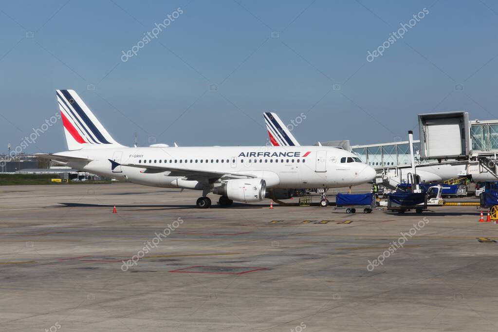 Paris, France - April 5, 2025: Air France aircraft at Paris Roissy airport. Air France is the flag carrier of France, and is headquartered in Tremblay-en-France