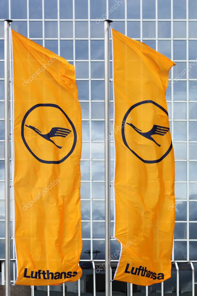 Frankfurt, Germany - September 19, 2015: Lufthansa logo on flags. Lufthansa is a German airline and also the largest airline in Europe