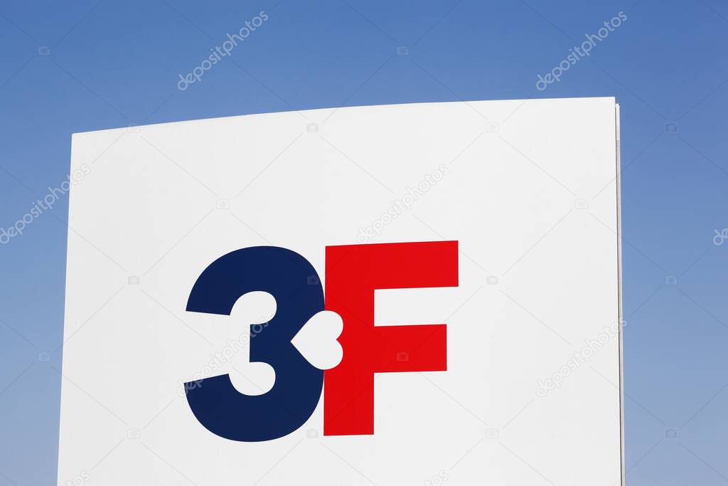 Aarhus, Denmark - April 18, 2021: 3F sign on a panel. 3F is the united federation of workers, a Danish labor union