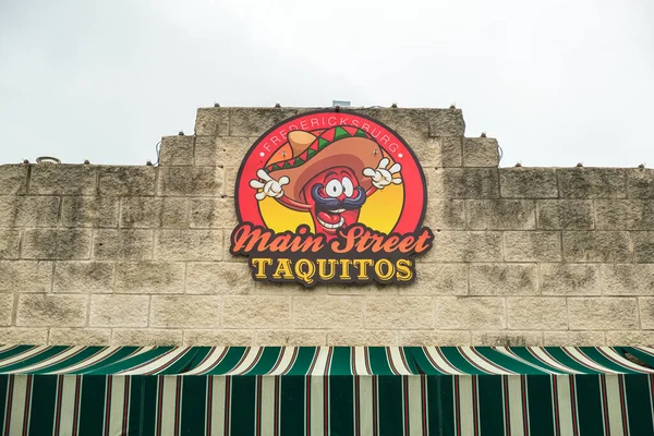 stock image Fredericksburg, Texas USA - October 28, 2019: Cityscape storefront sign view of a popular Mexican restaurant in this tourist friendly Hill Country town.