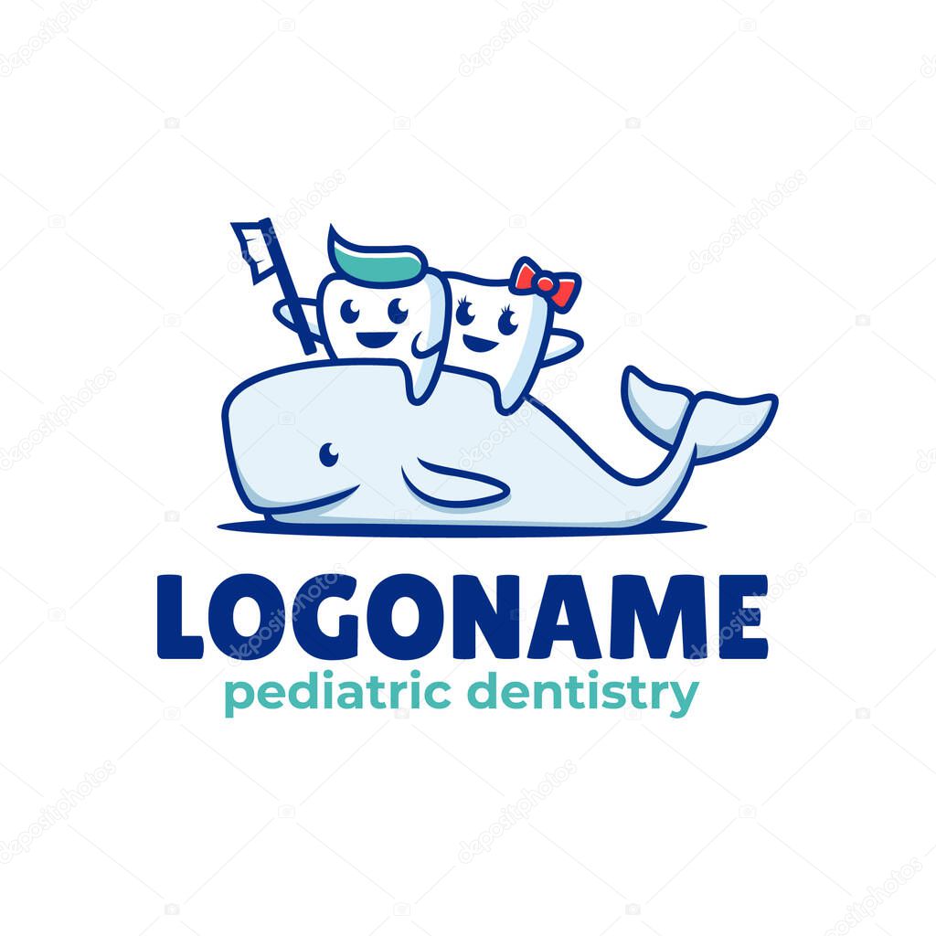 Cute tooth and whale cartoon character logo for dentistry