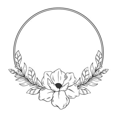 Ortasında çiçekler olan çelenk. Bir kök ve yaprakla daire çizilir.