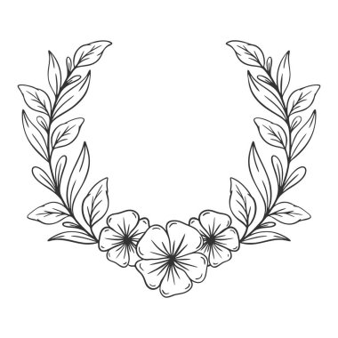 Ortasında çiçekler olan çelenk. Bir kök ve yaprakla daire çizilir.