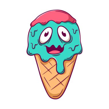 Yeşil ve pembe yüzlü çizgi film dondurma külahı ve damlayan dondurma. Dondurma eriyor ve yüzü gülüyor, mutlu ve neşeli bir karakter izlenimi veriyor.