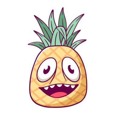 Yüzünde kocaman bir gülümseme olan çizgi film ananası. Ananas gülümsüyor ve şapşal bir bakışı var.