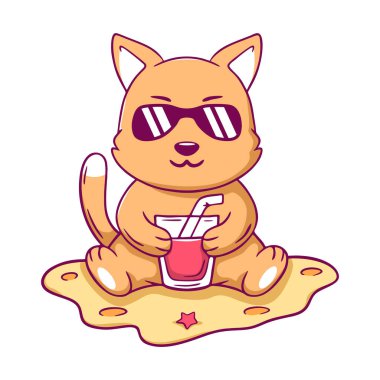 Çizgi film kedisi patisinde meyve suyu bardağıyla kumun üzerinde oturuyor. Kedi güneş gözlüğü takıyor ve güneşli bir günün tadını çıkarıyor.