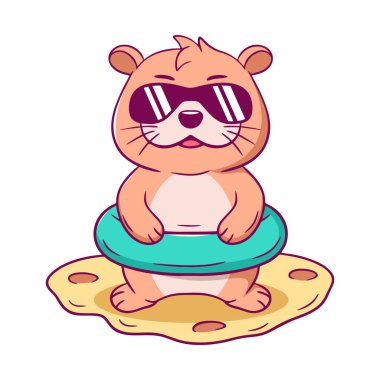 Su samuru güneş gözlüğü takıyor ve elinde mavi bir şamandıra tutuyor. Ayı kumlu bir sahilde duruyor.