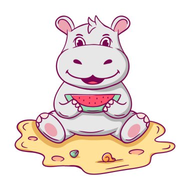 Çizgi film suaygırı sahilde oturuyor ve elinde bir karpuz tutuyor. Su aygırı gülümsüyor ve meyvelerin tadını çıkarıyor.