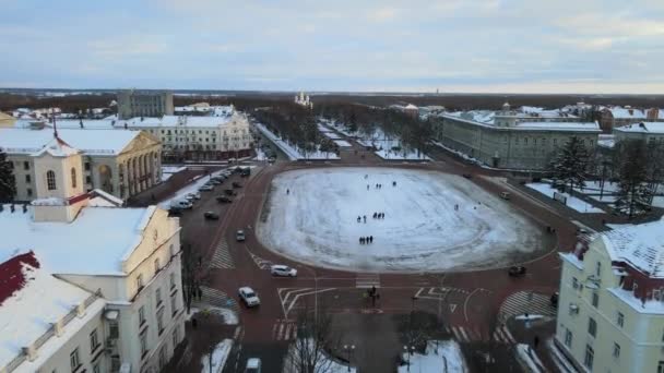 Drone Létání Centru Města Chernihiv Zimním Dni Sněhem Vysoce Kvalitní — Stock video