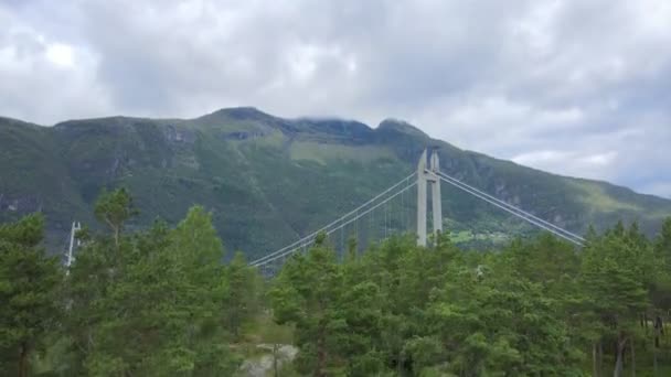 Aerial Drone Fjord Bridge Norway Cloudy Hardanger Bridge Imágenes Alta — Vídeo de stock
