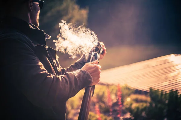 Caucasian Male Hunter Successful Shot Smoke Coming Out Barrel His — Stock Photo, Image