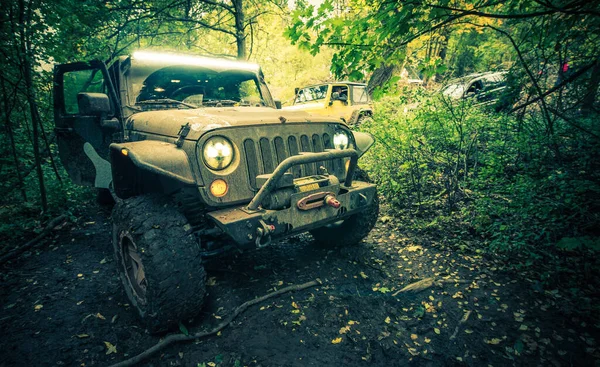 Dirty Muddy All Terrain Vehicle Middle Forest Group Recreational Road — стоковое фото