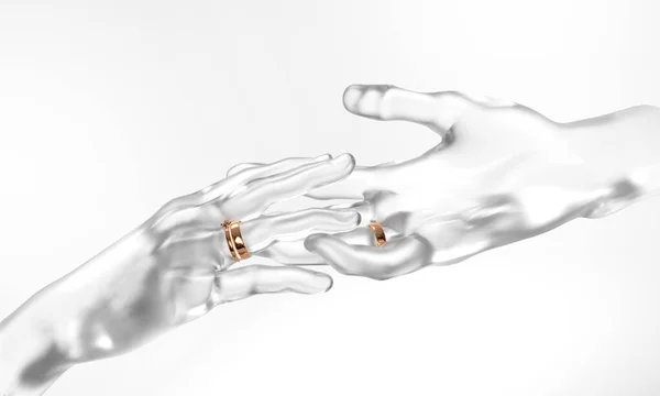 Wedding Theme Newlyweds Hands Made Glass Wedding Rings — Stock Photo, Image