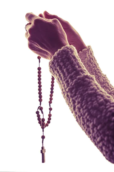 Woman Hands Raising Catholic Wooden Rosary Pray Isolated White Background — Stock Photo, Image