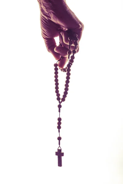 Catholic Wooden Rosary Human Hand Isolated White Background Prayer Concept — Stock Photo, Image