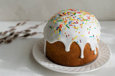 Beyaz bir masa örtüsünde söğüt tomurcukları olan beyaz bir tabakta geleneksel Ukrayna Kulich 'i. Bayramlık Paskalya pastası konsepti. Seçici odaklanma. Yatay yönelim.