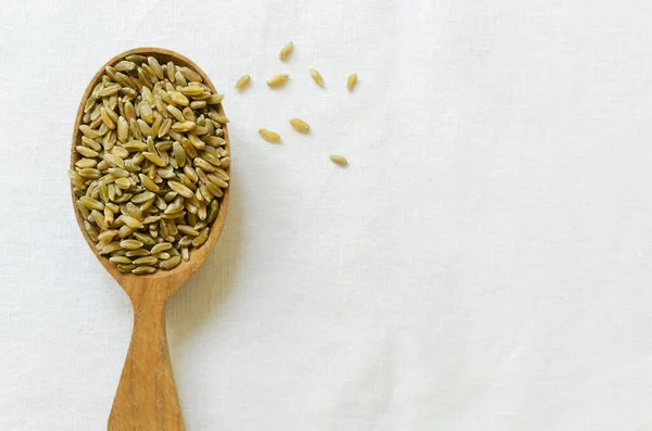 Stock image Raw freekeh or firik in a wooden spoon on a white background. Concept of healthy eating. Rustic style. Horizontal orientation. Top view. Copy space