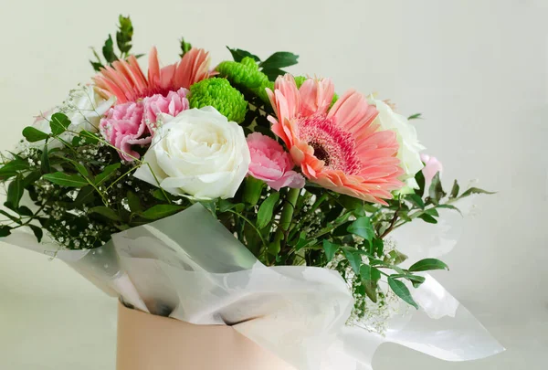Festive Bouquet White Roses Pink Gerberas Carnations Frame Green Twigs — Stock Photo, Image