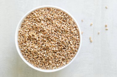 Buğday arka planda beyaz bir kasede büyür. Kırsal tarzda. Sağlıklı gıda kavramı. Yatay oryantasyon. Üst Manzara. Boşluğu kopyala