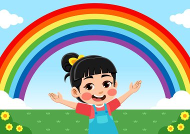 Gökkuşağı gören mutlu bir çocuğun çizimi