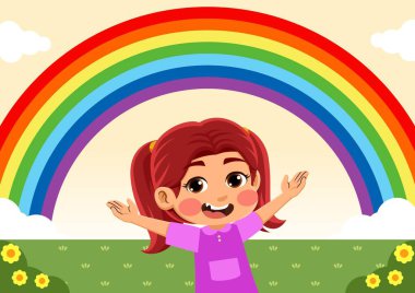 Gökkuşağı gören mutlu bir çocuğun çizimi