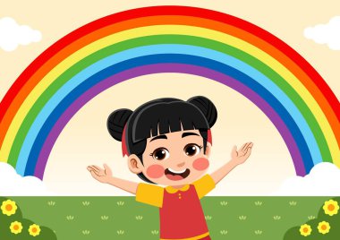 Gökkuşağı gören mutlu bir çocuğun çizimi