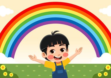 Gökkuşağı gören mutlu bir çocuğun çizimi