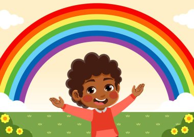 Gökkuşağı gören mutlu bir çocuğun çizimi