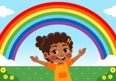 Gökkuşağı gören mutlu bir çocuğun çizimi
