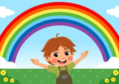Gökkuşağı gören mutlu bir çocuğun çizimi