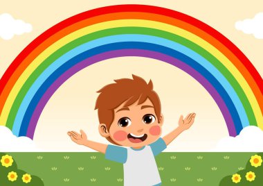 Gökkuşağı gören mutlu bir çocuğun çizimi