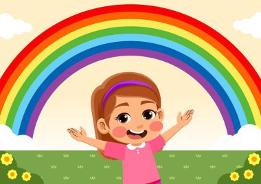 Gökkuşağı gören mutlu bir çocuğun çizimi