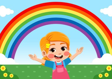 Gökkuşağı gören mutlu bir çocuğun çizimi