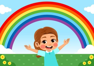 Gökkuşağı gören mutlu bir çocuğun çizimi