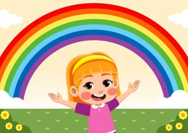 Gökkuşağı gören mutlu bir çocuğun çizimi